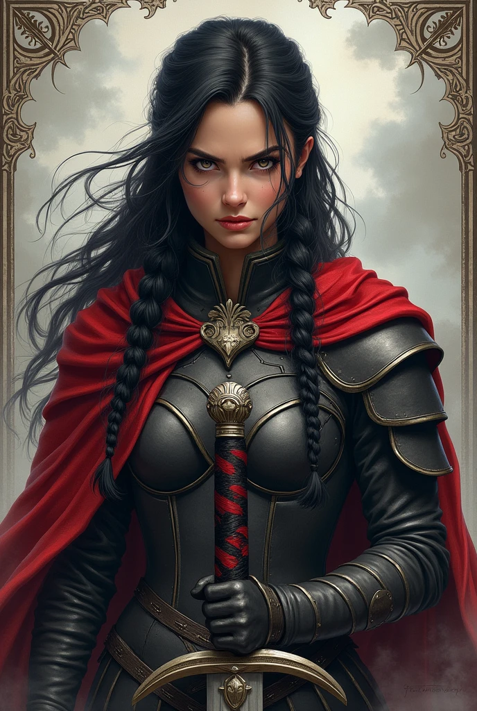 The image is an illustration of an extremely beautiful female warrior in a determined and attentive pose.. She has long black hair braided and tied in an intricate way., with some loose strands falling over the face. His expression is one of concentration, with eyes focused on something outside the frame, as if it was about to spring into action.

The warrior wears full armor in dark tones, with metallic details and a red cloak that covers her shoulders. She holds a broadsword, with an ornate grip in shades of black and red, indicating that it is an important or symbolic weapon. The lighting in the image highlights the shine of the sword and the details of the armor..

The background of the image is hazy, with shades of gray and white, suggesting a scene at a high altitude or amidst clouds. There is also an ornamental frame that adds a touch of elegance and art to the portrait.. The combination of colors and the warrior&#39;s posture convey a sense of strength, honor and readiness for battle.