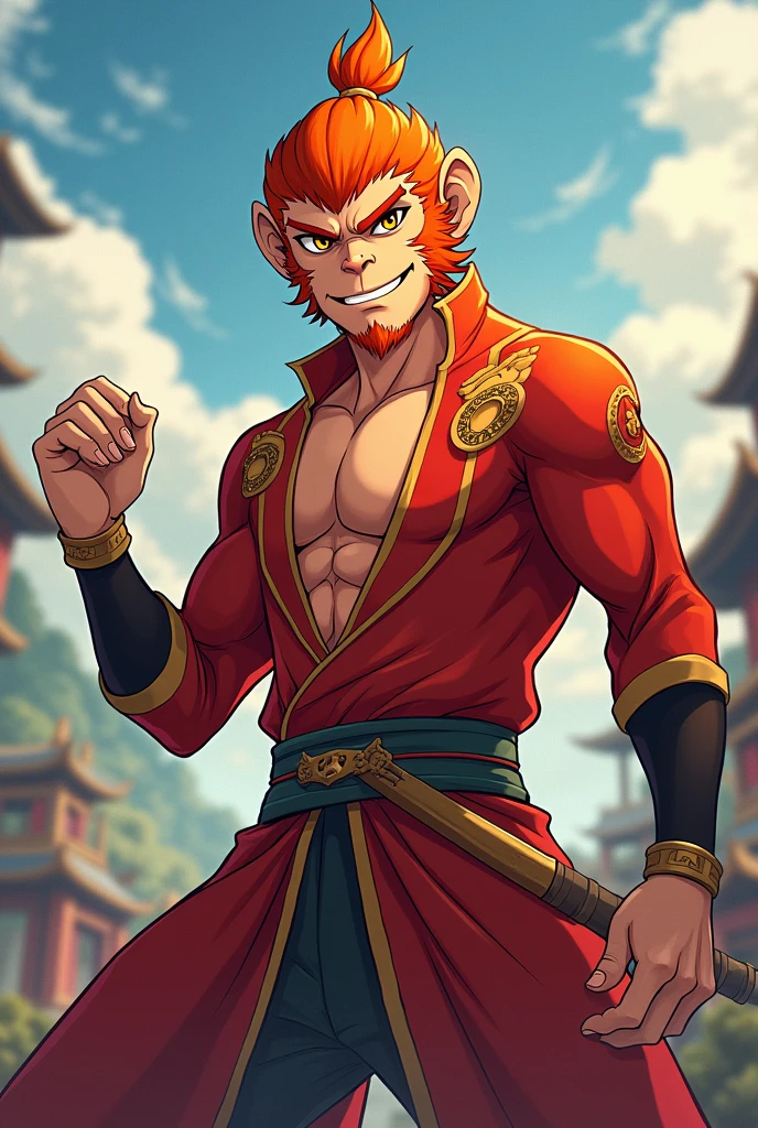 Sun the monkey king in anime that looks like a human but without losing the monkey features that looks more like an amine character that doesn&#39;t have a monkey face or ears, give him a face that looks more like a human 