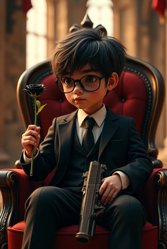 A cute boy wearing gangster style dress and Glasses holding Black Rose in one hand and 2nd hand holding gun, sit on king chair ina old castle realistic 8k warm light