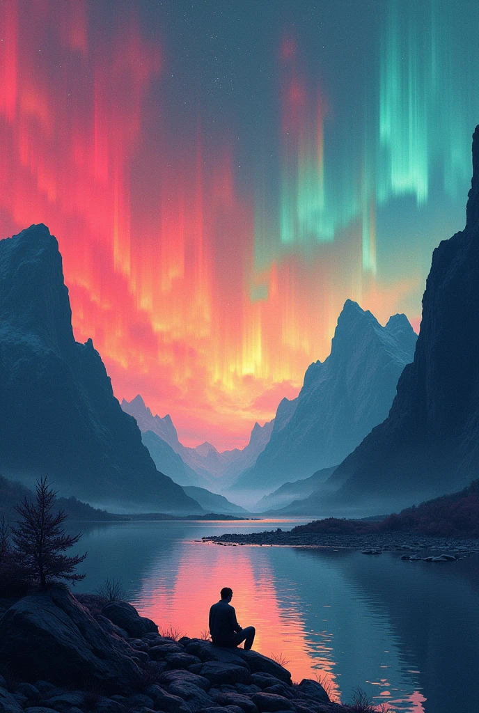 A surrealistic album cover, which shows a mixture of abstract and natural elements. In the background there are mountains, which in living, are shown in strong colors, which gradually merge into the sky. The sky is in flowing, psychedelic patterns, reminiscent of the Northern Lights. In the foreground is a lonely silhouette, sitting on a rock,