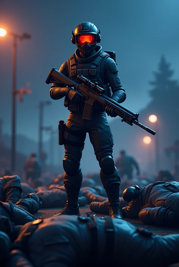 A fortnite player, with a sniper in one hand, during at night, on a pile of bodies, the player is wearing a dark camouflage skin and is wearing a helmet with infrared vision, realistic styling