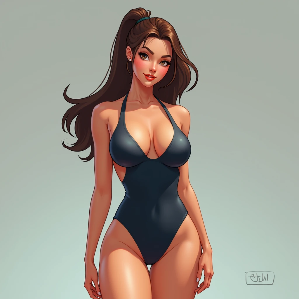 Curvy swimmer girl in extremely tight one piece swimsuit, she is got and flushed, her hair is tied back in a tight pony tail. Her hair is brown and long￼Looking at viewer, large breasts and cute medium sized thighs￼