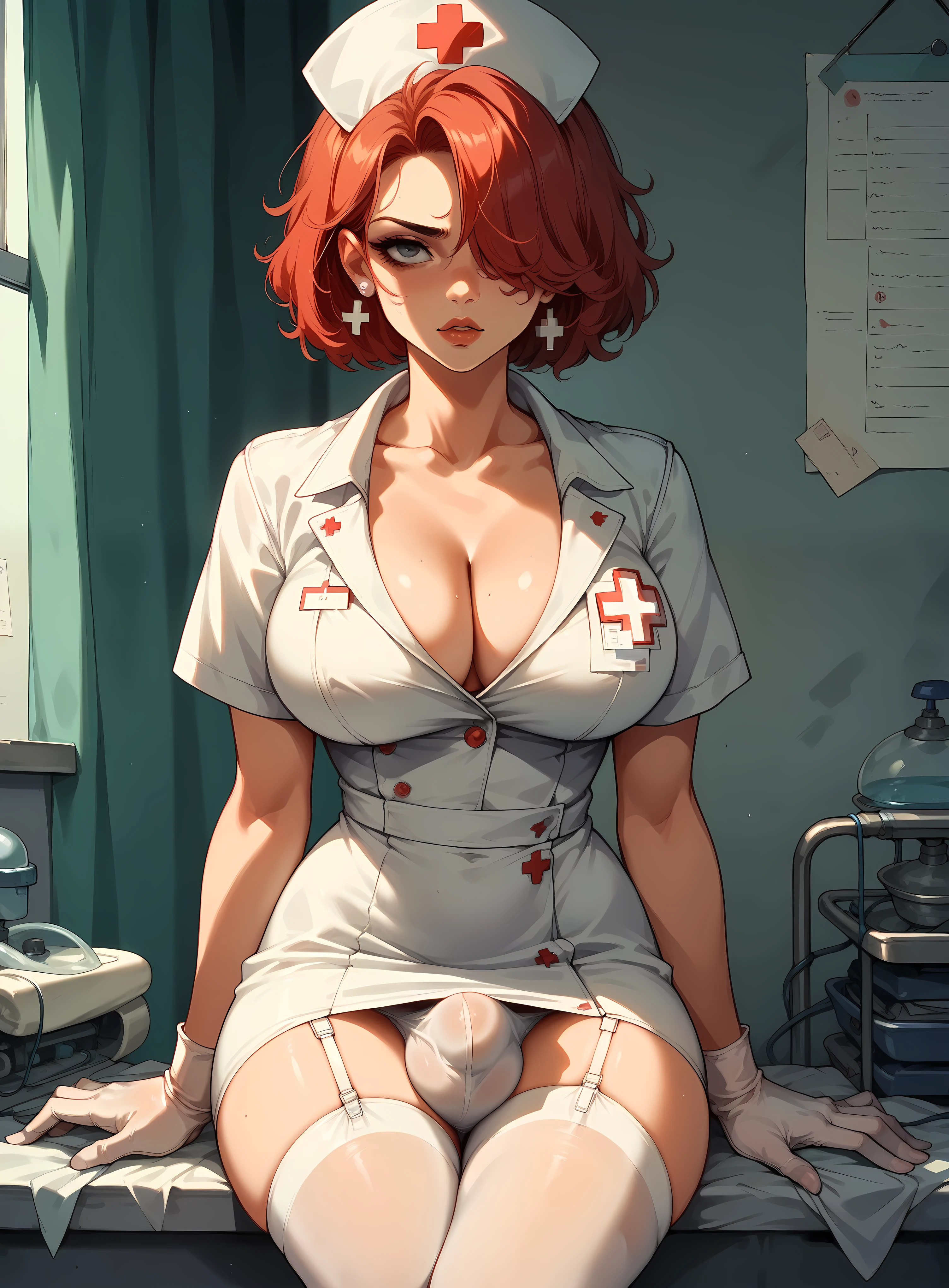 Mature nurse futanari,big huge boobs,cleavage, dimly lit, intensive care unit, white nurse's uniform, medical gloves, nurse's cap, short messy red hair covering one eye, leaning against medical equipment, legs crossed, big bulge, focused expression, 8K cinematic, sexy, revealing, closeup,high thigh stockings