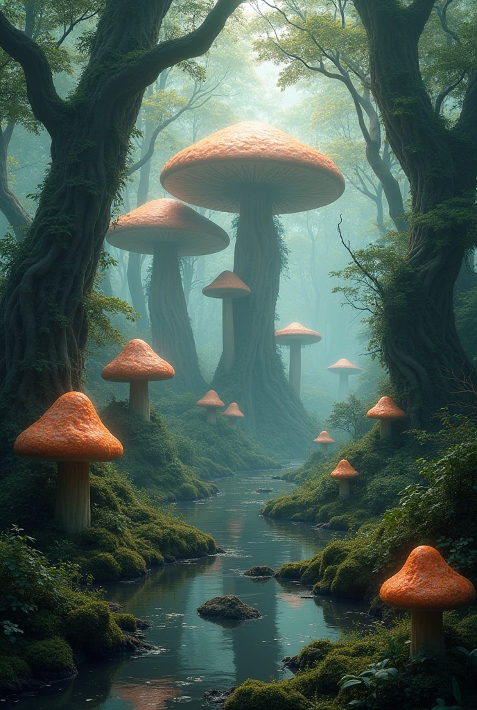 Magic forest with a swamp and big mushrooms