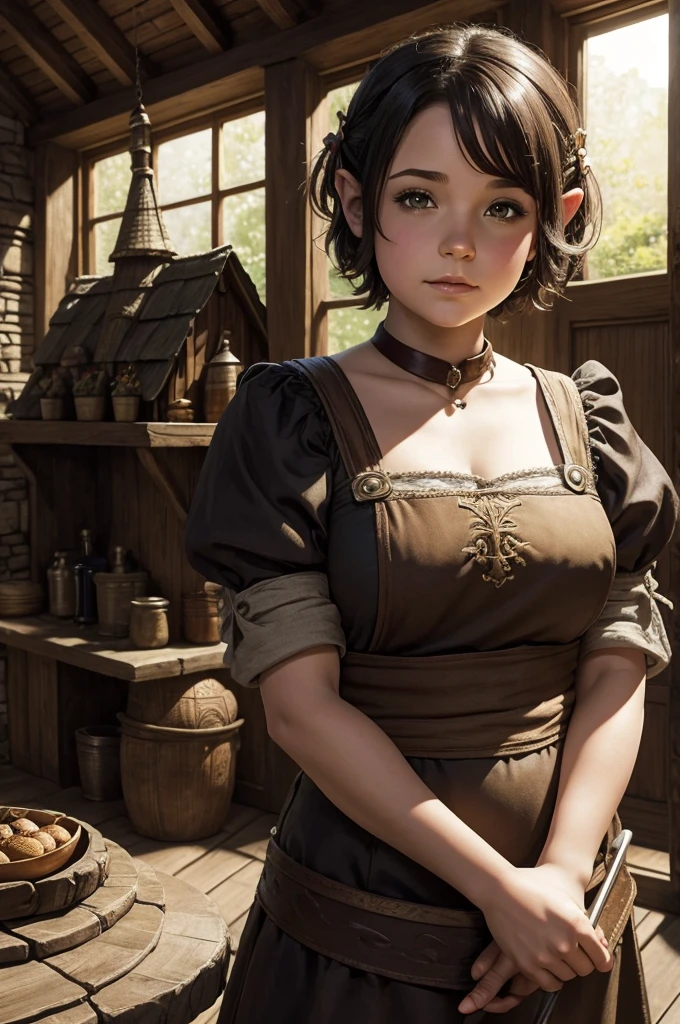 fantasy artwork of a halfling house maid, woman, maid, halfling, short, short hair, chubby, dungeons and dragons, eberron