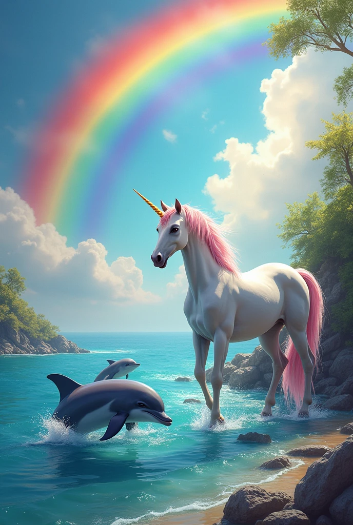 Create dolphins with a unicorn and a rainbow The dolphins on the left and the unicorn on the right and add more color