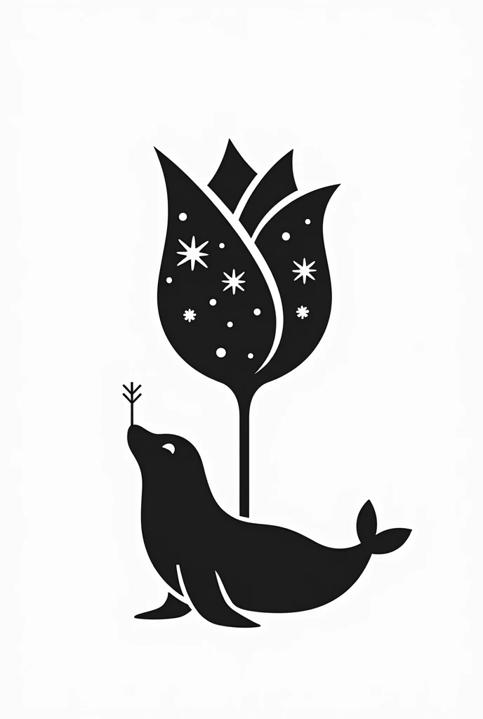 Use the shape of a stylized tulip as the base of the logo. Instead of leaves, place a small silhouette of a seal at the bottom, lying down. The tulip should have subtle decorations that evoke Christmas, such as small stars or snowflakes on its petals, and traditional Christmas colors. To integrate the cell phone, place an antenna on the seal's head. Let everything be black and white.