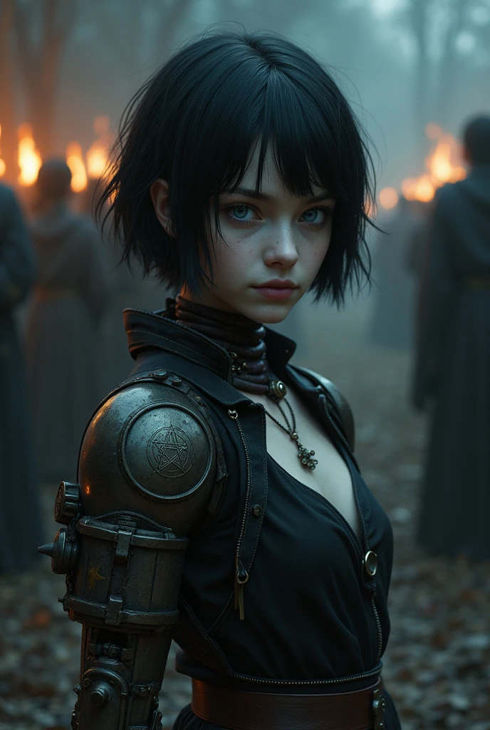 Girl with short black hair, from the realistic middle ages, light eyes dark clothes with a prosthetic left arm steampunk prosthetic with pentagram, cut on the face, look of suffering, dagger, the night, with a religious group with fire behind.