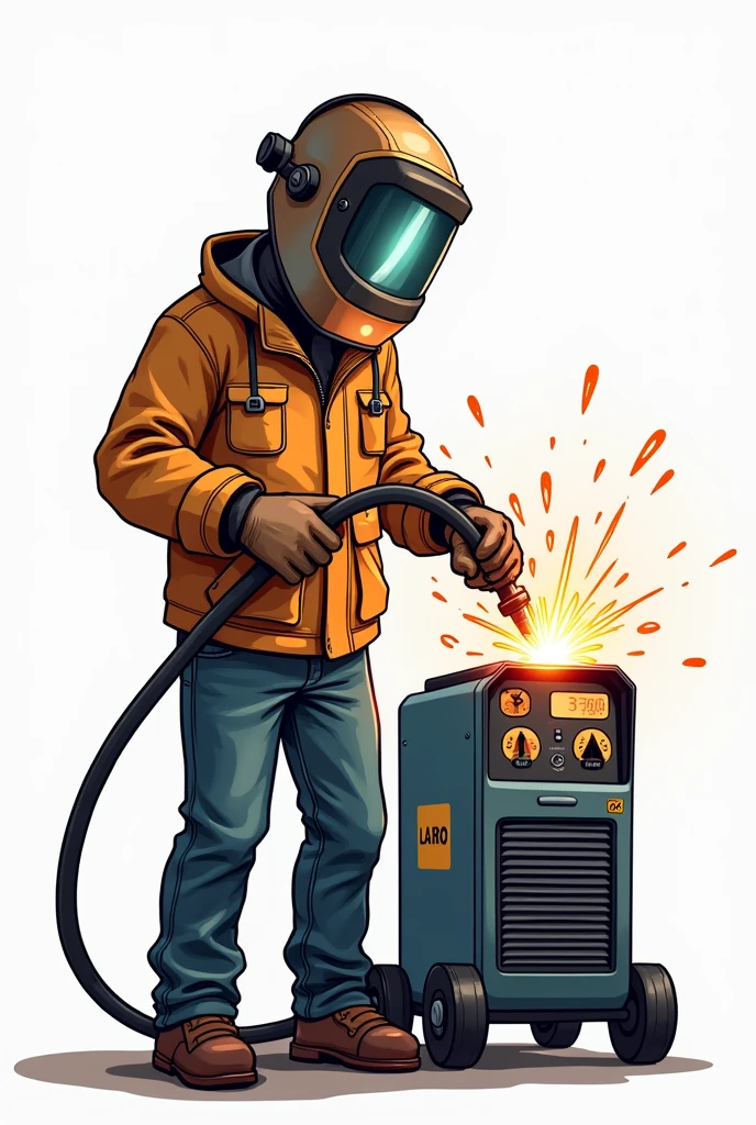 A welder, wearing protective equipment, next to a welding machine, he is standing , the background must be transparent, the image style is cartoon