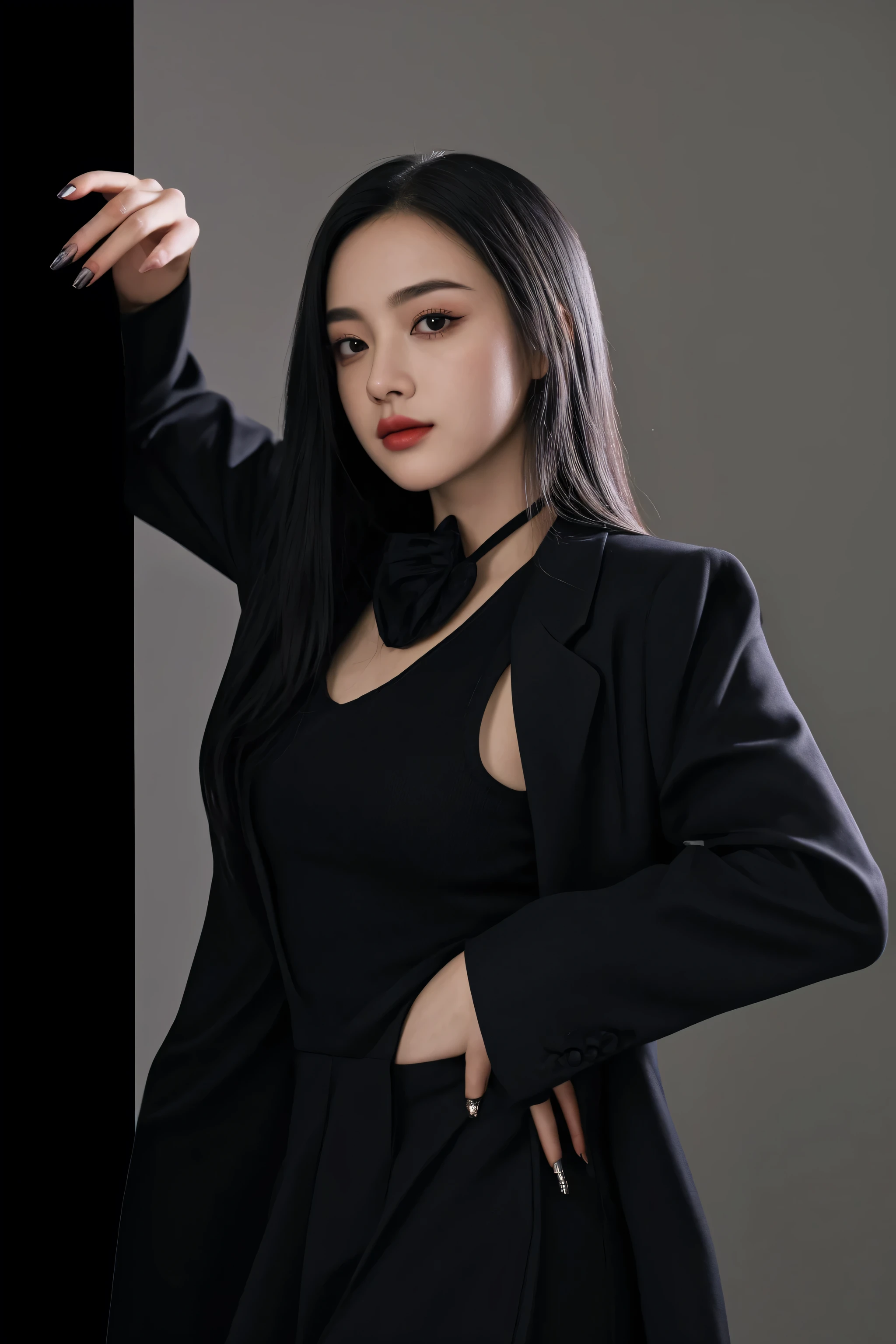 there is a woman in a black dress and a black jacket, wearing in black clothes, shot on canon eos r 5, shot on canon eos r5, wearing black clothes, casual pose, girl in suit, wearing black suit, female with long black hair, captured on canon eos r 6, girl in a suit, wearing black modern clothes