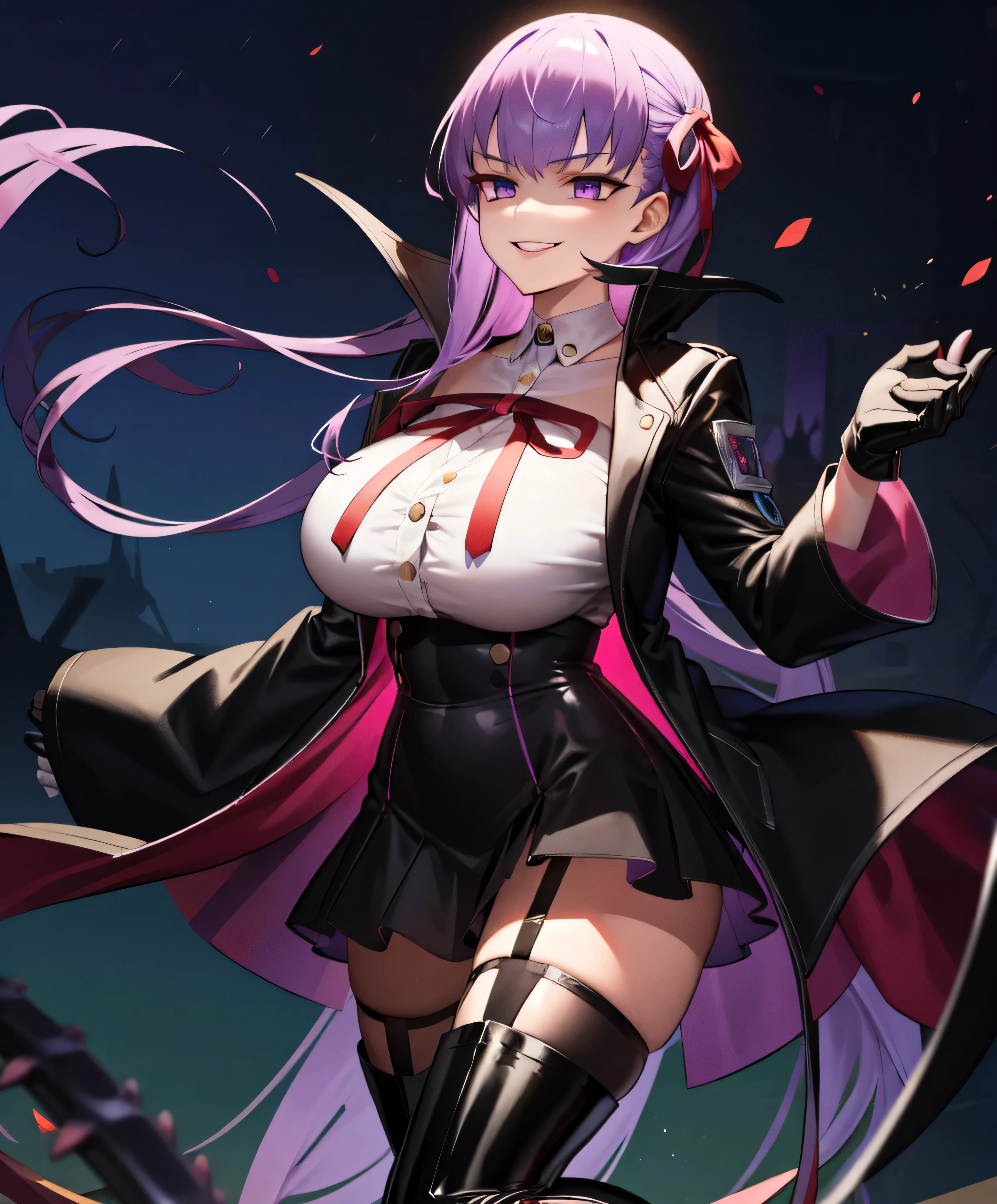  Isoscale, Mid Shot,  night, ,,, Purple Hair, Black jacket, White shirt, Black Skirt, Red ribbon, Big Breasts, Purple eyes, White gloves, Long Hair, Large collar, Wicked Smile,,Thigh-high boots,(Wicked Smile:1.3),Highly detailed CG Unity 8k wallpaper, Perfect lighting,,Looking down at the viewer,,Anxious smile,Black and purple world background,Dark shadowed face(Eyes in the shadows),solo,Yandere,latex,masterpiece, Highest quality, High resolution, One person,View your viewers,look down,Emits a black aura from hands,