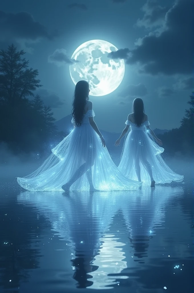 Ethereal lakeside, moonlit dance of spirits, reflecting romantic supernatural hot girl.