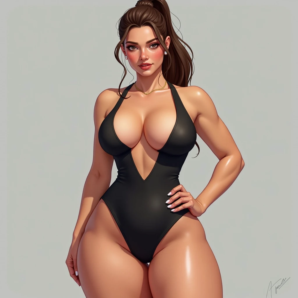 Curvy swimmer girl in extremely tight one piece swimsuit, she is got and flushed, her hair is tied back in a tight pony tail. Her hair is brown and long￼Looking at viewer, large breasts and cute medium sized thighs￼