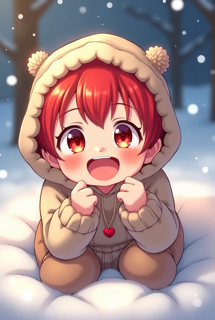 Baby, red hair, red eyes, looking at you, holding his legs with his hands, laughing, anime, sleeping on his back, wearing winter clothes
