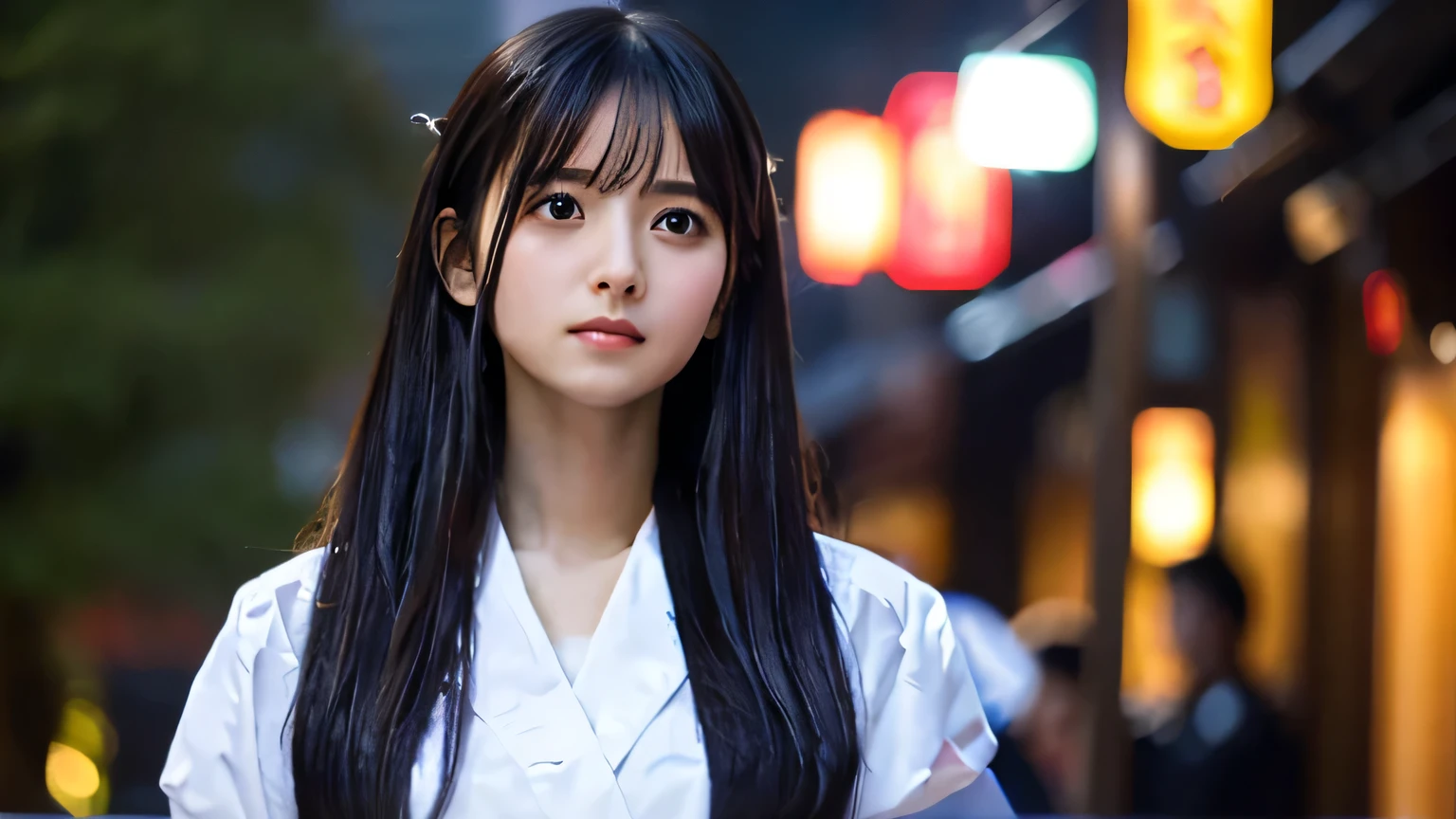 Highest quality,4K,8k,High resolution,masterpiece:1.2,Very detailed,A girl exuding fatigue,length, Flowing black hair,Delicate features,thinking eyes,White skin,Happy expression,Great atmosphere,Wear a uniform、Gazing into the distance,,Romantic atmosphere、Roppongi Nightlife、Above-the-waist display、Ample breasts、True Beauty、