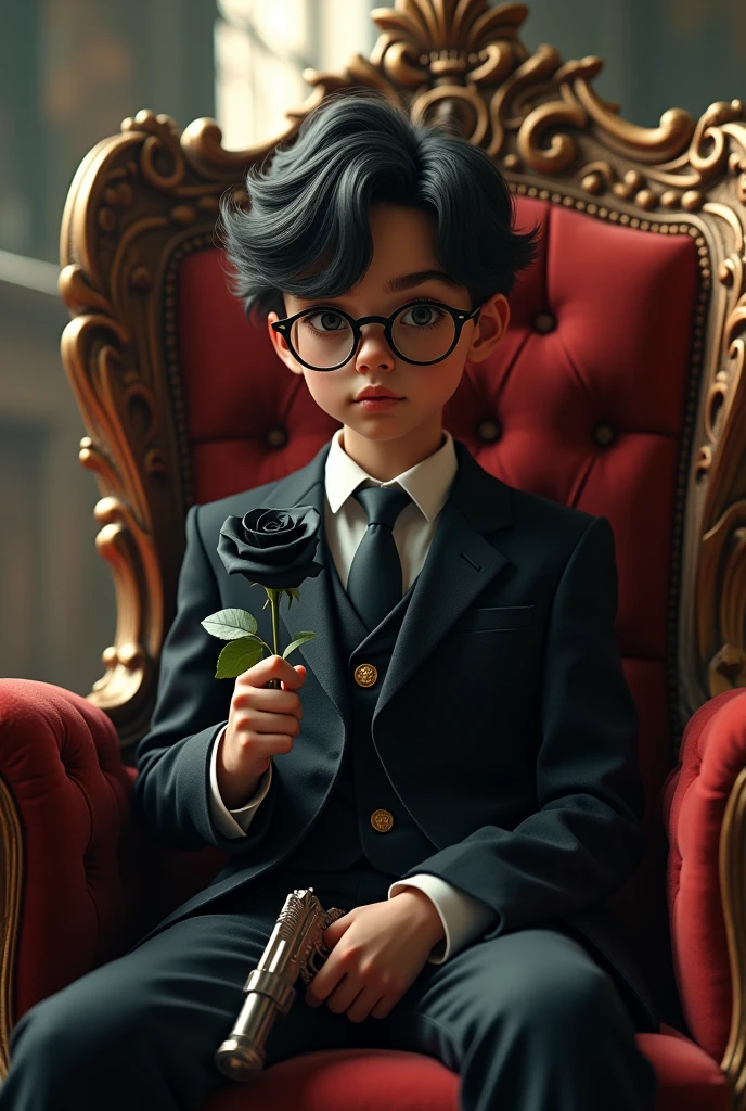 A cute boy wearing gangster style dress and Glasses holding Black Rose in one hand and 2nd hand holding gun, sit on king chair ina old castle realistic 8k warm light