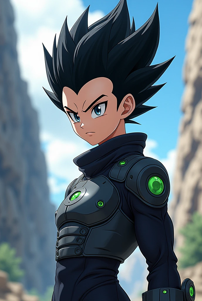 Create a highly unique 2D anime character of the Saiyan race from Dragon Ball Z. The character should have black eyes and black hair styled in a way that has never been seen before in Dragon Ball. They should wear futuristic clothing that is distinct and original. Focus on making the character's overall appearance, especially the hair, extremely unique and unlike any existing Saiyan character