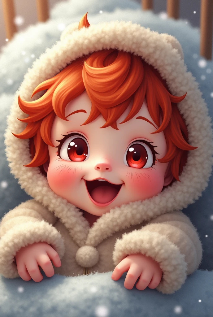Baby, red hair, red eyes, looking at you, laughing, anime, sleeping on his back, wearing winter clothes