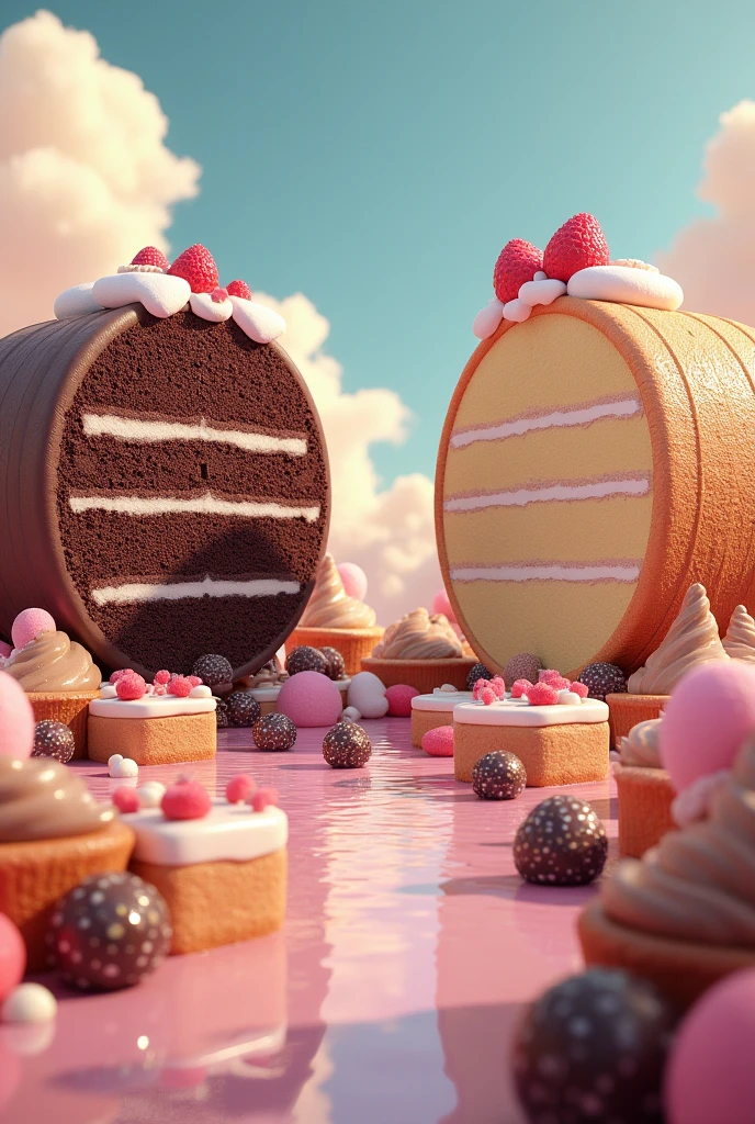 Create an image of many giant cakes, They must be SINGLE STORY round cakes and you must include a vanilla one on the right and a chocolate one on the left, desserts everywhere and some are in slices or cuts,