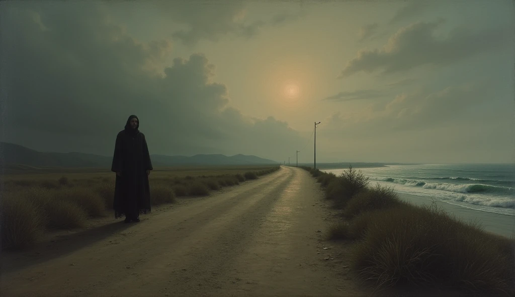 A Supper by Caravaggio, tired and exhausted, walking alone on a deserted road by the sea, symbolizing their last days of escape. Renaissance era