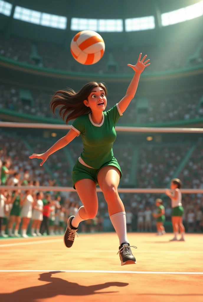 Animated woman in her green uniform is playing volleyball in front of the crowd