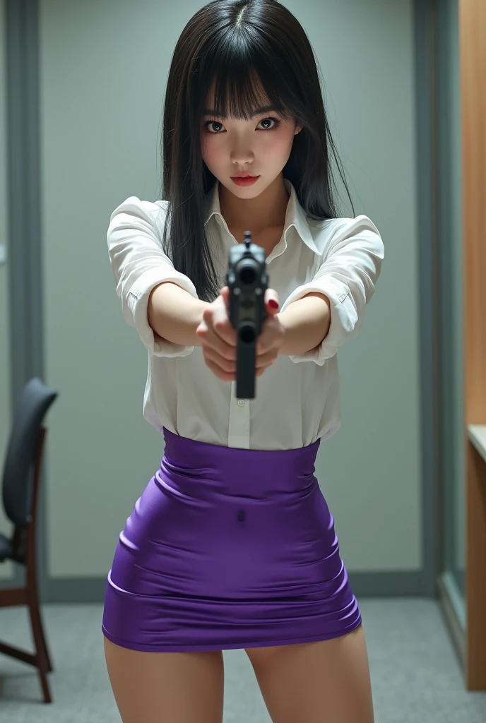 camera back view facing real person eyes open realistic beautiful japanese office lady white shirt tight mini skirt satin violet stance legs open spreading arms straighten full portrait holding rifle gun back view facing sexy legs waist level aiming target point at you