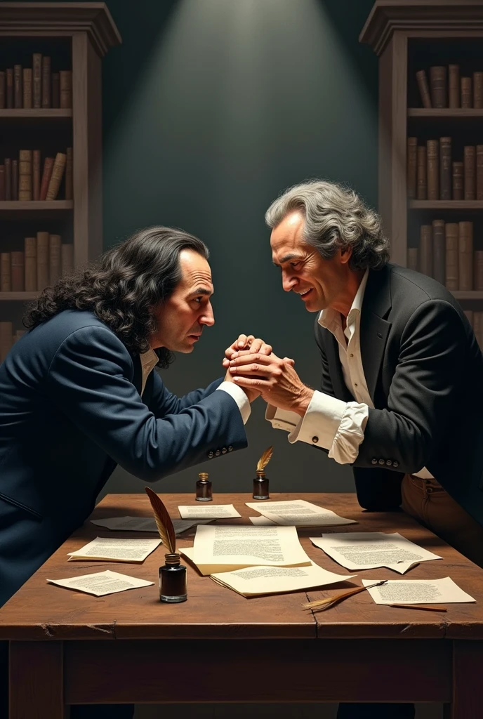 René Descartes and John Locke arm wrestling, representing a dispute between rationalists and empiricists