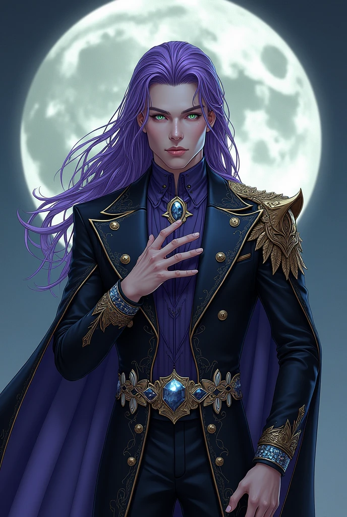 Exquisite illustrations、Ultra detailed、k hd、Handsome and noble、Elegant man、Elegant Pose、holy paladin_Gothic suit、purple long hair、Green eyes hight quality warriors、fantasy、A WORLD、Delicate moon bodysuit,With sparkling armor decorations,detailed tail,Instantly decorate in layers,Detailed valleys,Verbose mode,Full moon background,Break。Detail hands, ((detail finger:1.2)), Beautiful ((Hand detail)