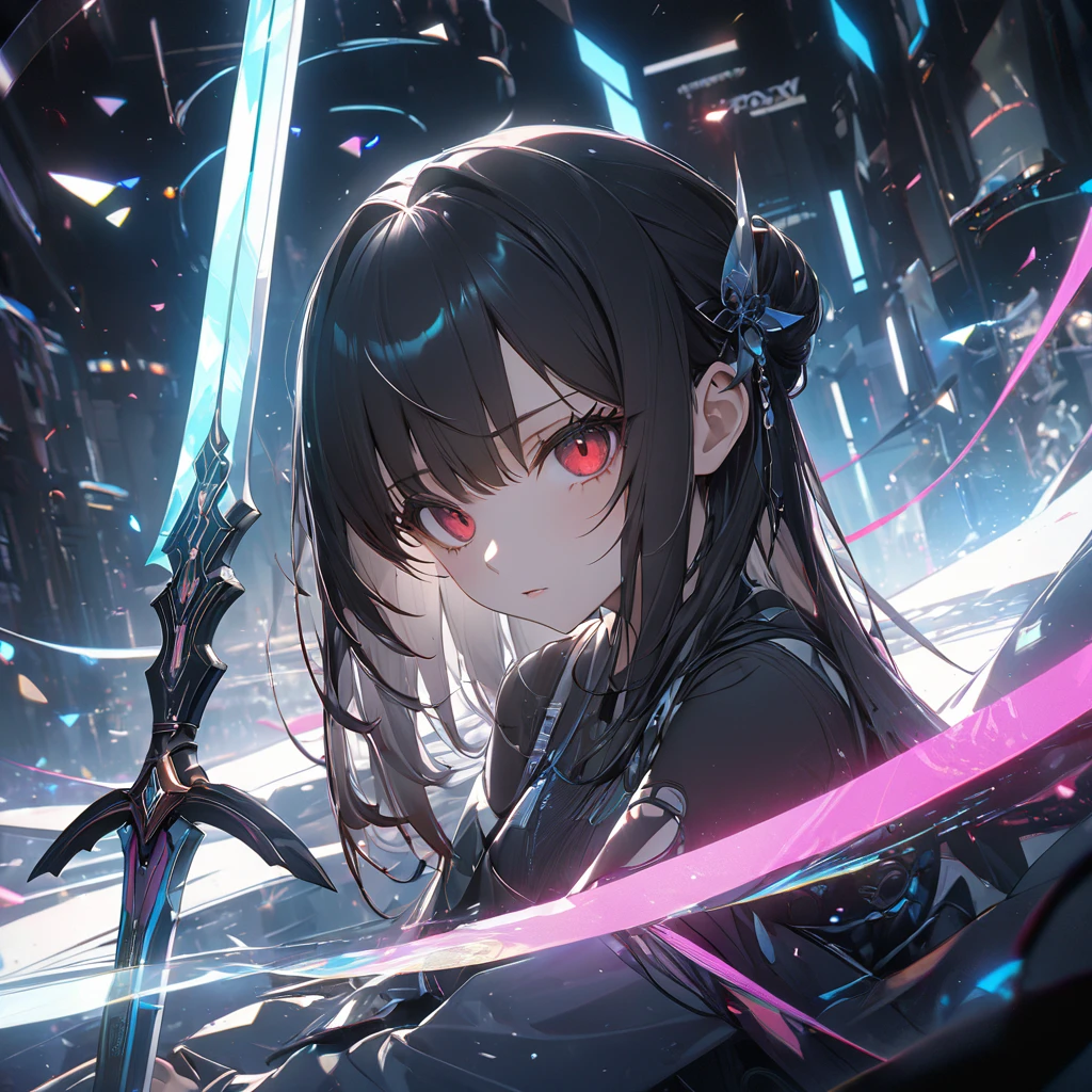 最high quality, wonderful_delicate, wonderful delicate eyes, Super detailed, beautiful, 8k , One girl, Red eyes, evil, Facial Contour,(Absurd, High resolution, Super detailed), masterpiece, The perfect solution, wonderfulディテール, Super Detailed, Cinema Lighting, Ray Tracing, Depth of written boundary, Cinema Lighting, Ray Tracing, 超High resolution, Attention to detail, 最high quality, High resolution, high quality, Awards, Super Detail, masterpiece, 8k, 超High resolution, Attention to detail, 最high quality, High resolution, high quality, Awards, Super Detail, masterpiece, 8k, Digital Art, Anime Coloring, 超High resolutionを作成, 白をテーマにしたmasterpiece品質の画像, Featuring a cute anime girl with long black hair in a cool pose, Attack with a high-tech sword. In this scene、A number of holographic swords appear to be floating in a circle..。, Each one has countless intricate parts, Set in a predominantly white cyberpunk environment. The scene is enriched with holographic elements and light particles.., Emphasizing futuristic and fantastical aesthetics. The image is、Capturing the essence of purity and sophistication with the finest quality and beauty, An ultra-detailed display of a girl and her holographic sword, Super-resolution visuals that highlight the intricate details of a scene.