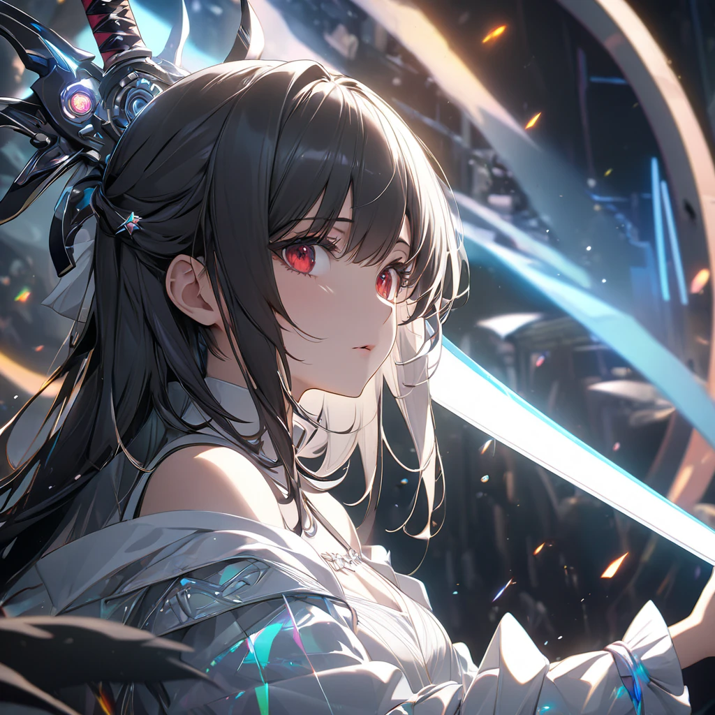 最high quality, wonderful_delicate, wonderful delicate eyes, Super detailed, beautiful, 8k , One girl, Red eyes, evil, Facial Contour,(Absurd, High resolution, Super detailed), masterpiece, The perfect solution, wonderfulディテール, Super Detailed, Cinema Lighting, Ray Tracing, Depth of written boundary, Cinema Lighting, Ray Tracing, 超High resolution, Attention to detail, 最high quality, High resolution, high quality, Awards, Super Detail, masterpiece, 8k, 超High resolution, Attention to detail, 最high quality, High resolution, high quality, Awards, Super Detail, masterpiece, 8k, Digital Art, Anime Coloring, 超High resolutionを作成, 白をテーマにしたmasterpiece品質の画像, Featuring a cute anime girl with long black hair in a cool pose, Attack with a high-tech sword. In this scene、A number of holographic swords appear to be floating in a circle..。, Each one has countless intricate parts, Set in a predominantly white cyberpunk environment. The scene is enriched with holographic elements and light particles.., Emphasizing futuristic and fantastical aesthetics. The image is、Capturing the essence of purity and sophistication with the finest quality and beauty, An ultra-detailed display of a girl and her holographic sword, Super-resolution visuals that highlight the intricate details of a scene.