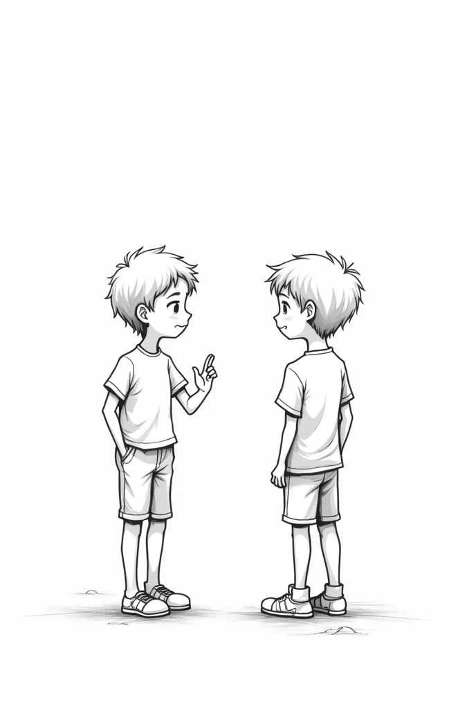 Black and white drawing of two boys talking