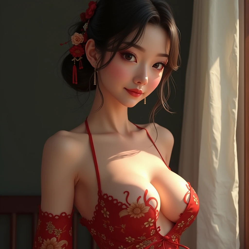 anatomically correct, portrait photo, a Chinese mistress, unbuttoned open cheongsam, open chest, topless, cleavage, small breasts, simple background, photorealistic, masterpiece, smiling