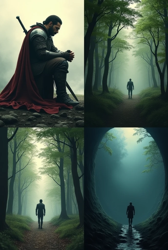 4 images of a warrior sitting, a man walking in the woods, a person looking into an abyss different and square images