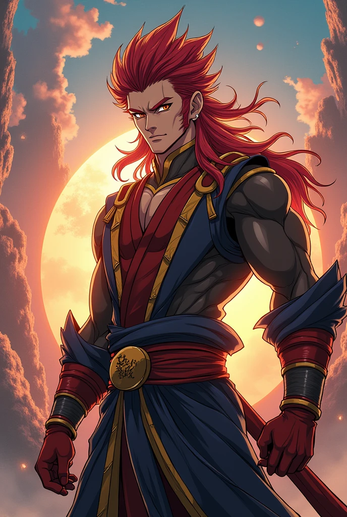 Sun the monkey king in anime that looks like a human but without losing the monkey features that looks more like an amine character that does not have the monkey face or ears give him a face that resembles a human turn him into a very handsome anime character