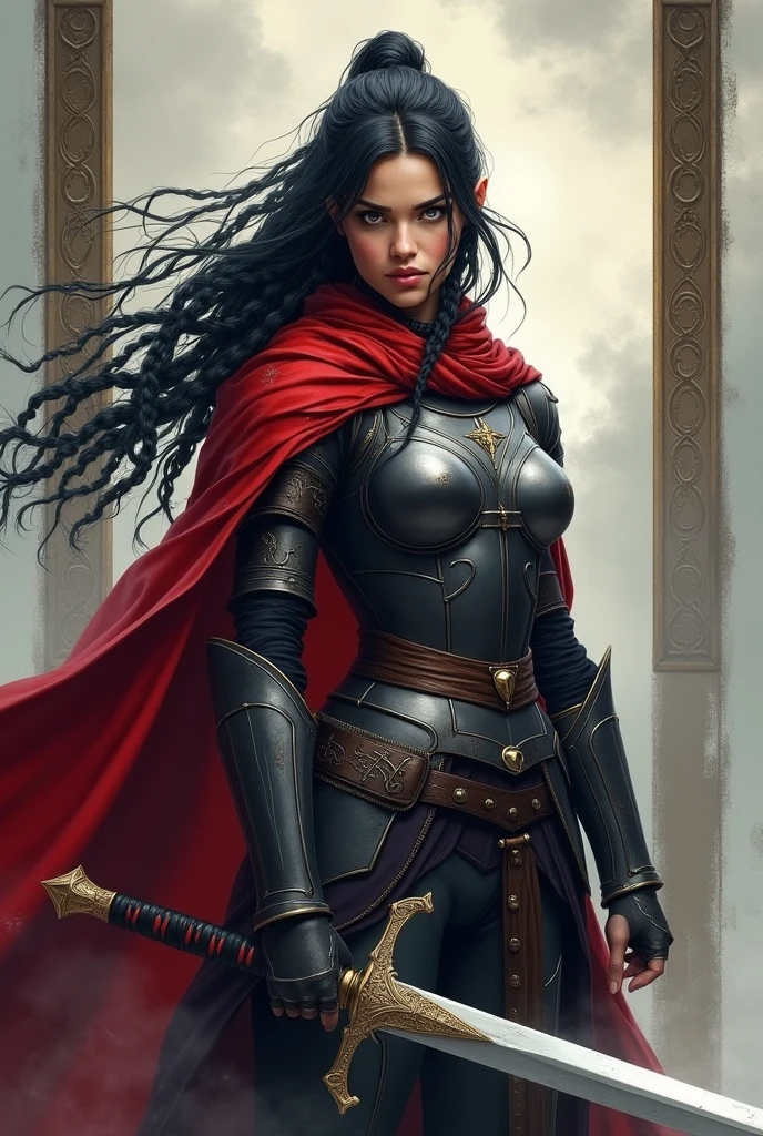 The image is an illustration of an extremely beautiful female warrior in a determined and attentive pose.. She has long black hair braided and tied in an intricate way., with some loose strands falling over the face. His expression is one of concentration, with eyes focused on something outside the frame, as if it was about to spring into action.

The warrior wears full armor in dark tones, with metallic details and a red cloak that covers her shoulders. She holds a broadsword, with an ornate grip in shades of black and red, indicating that it is an important or symbolic weapon. The lighting in the image highlights the shine of the sword and the details of the armor..

The background of the image is hazy, with shades of gray and white, suggesting a scene at a high altitude or amidst clouds. There is also an ornamental frame that adds a touch of elegance and art to the portrait.. The combination of colors and the warrior&#39;s posture convey a sense of strength, honor and readiness for battle.