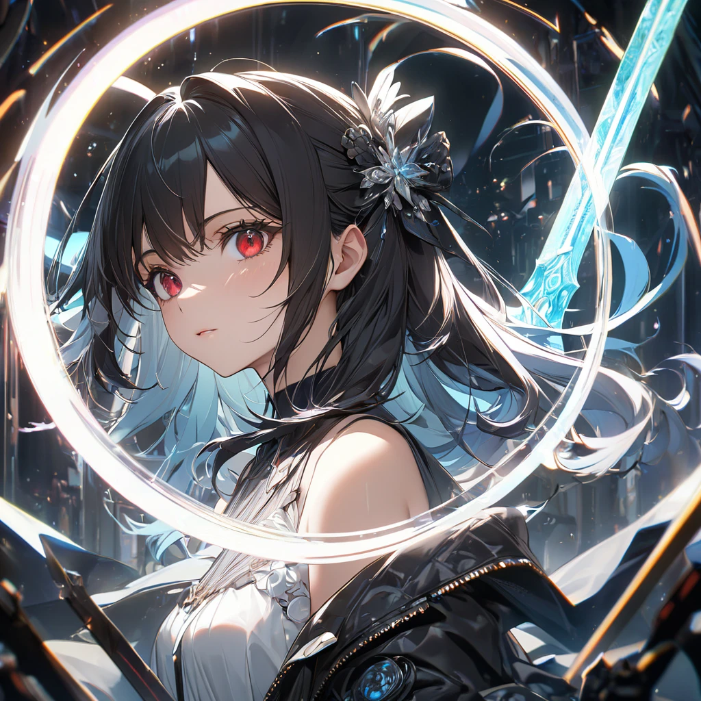 最high quality, wonderful_delicate, wonderful delicate eyes, Super detailed, beautiful, 8k , One girl, Red eyes, evil, Facial Contour,(Absurd, High resolution, Super detailed), masterpiece, The perfect solution, wonderfulディテール, Super Detailed, Cinema Lighting, Ray Tracing, Depth of written boundary, Cinema Lighting, Ray Tracing, 超High resolution, Attention to detail, 最high quality, High resolution, high quality, Awards, Super Detail, masterpiece, 8k, 超High resolution, Attention to detail, 最high quality, High resolution, high quality, Awards, Super Detail, masterpiece, 8k, Digital Art, Anime Coloring, 超High resolutionを作成, 白をテーマにしたmasterpiece品質の画像, Featuring a cute anime girl with long black hair in a cool pose, Attack with a high-tech sword. In this scene、A number of holographic swords appear to be floating in a circle..。, Each one has countless intricate parts, Set in a predominantly white cyberpunk environment. The scene is enriched with holographic elements and light particles.., Emphasizing futuristic and fantastical aesthetics. The image is、Capturing the essence of purity and sophistication with the finest quality and beauty, An ultra-detailed display of a girl and her holographic sword, Super-resolution visuals that highlight the intricate details of a scene.
