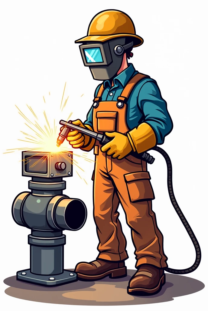 A welder, wearing protective equipment, next to a welding machine, he is standing , welding a pipe, the background must be transparent, the image style is cartoon