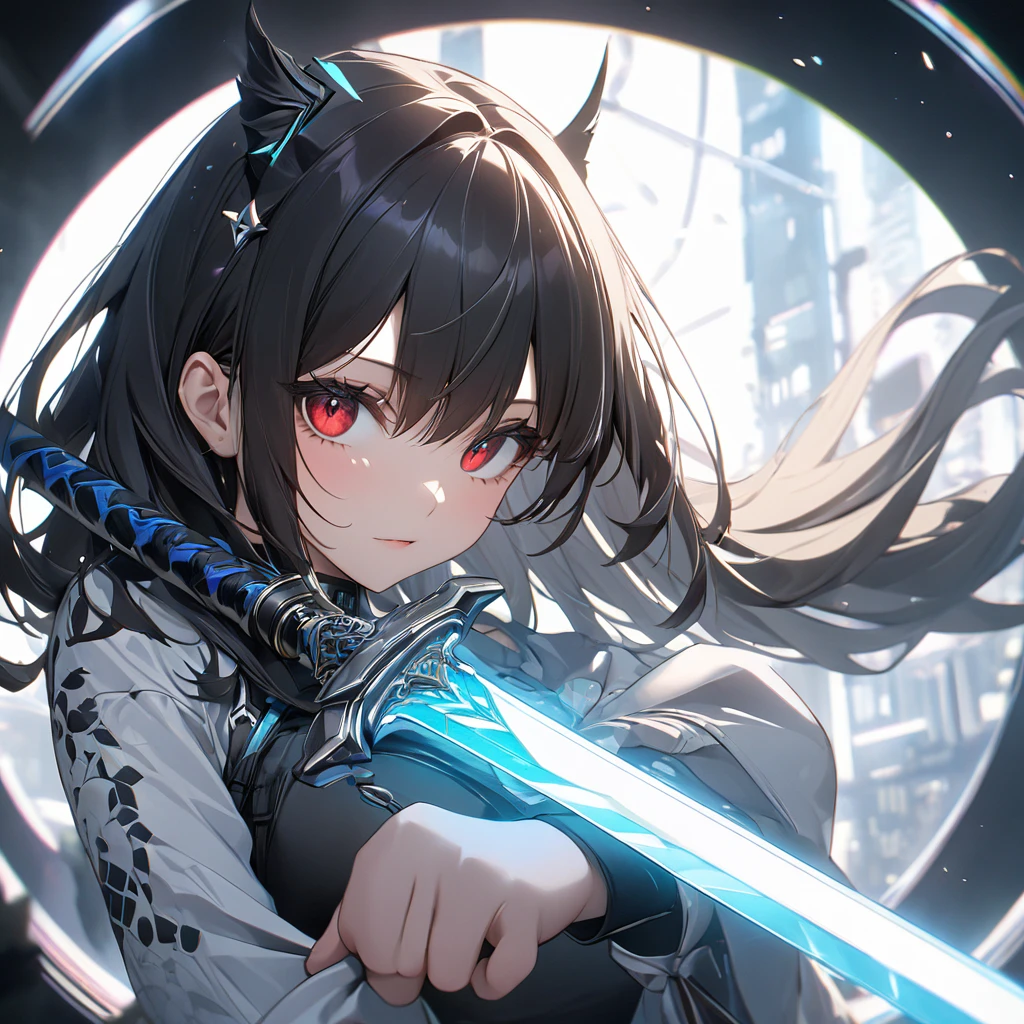 最high quality, wonderful_delicate, wonderful delicate eyes, Super detailed, beautiful, 8k , One girl, Red eyes, evil, Facial Contour,(Absurd, High resolution, Super detailed), masterpiece, The perfect solution, wonderfulディテール, Super Detailed, Cinema Lighting, Ray Tracing, Depth of written boundary, Cinema Lighting, Ray Tracing, 超High resolution, Attention to detail, 最high quality, High resolution, high quality, Awards, Super Detail, masterpiece, 8k, 超High resolution, Attention to detail, 最high quality, High resolution, high quality, Awards, Super Detail, masterpiece, 8k, Digital Art, Anime Coloring, 超High resolutionを作成, 白をテーマにしたmasterpiece品質の画像, Featuring a cute anime girl with long black hair in a cool pose, Attack with a high-tech sword. In this scene、A number of holographic swords appear to be floating in a circle..。, Each one has countless intricate parts, Set in a predominantly white cyberpunk environment. The scene is enriched with holographic elements and light particles.., Emphasizing futuristic and fantastical aesthetics. The image is、Capturing the essence of purity and sophistication with the finest quality and beauty, An ultra-detailed display of a girl and her holographic sword, Super-resolution visuals that highlight the intricate details of a scene.