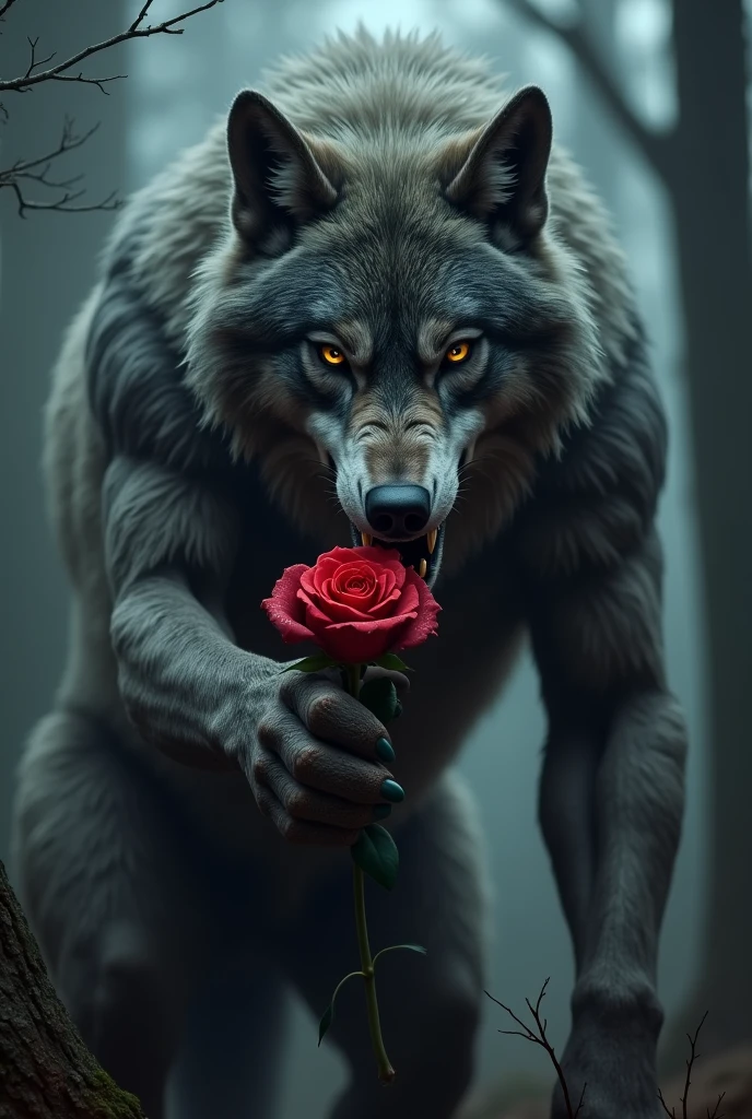 Big bad wolf with a red rose in his hand