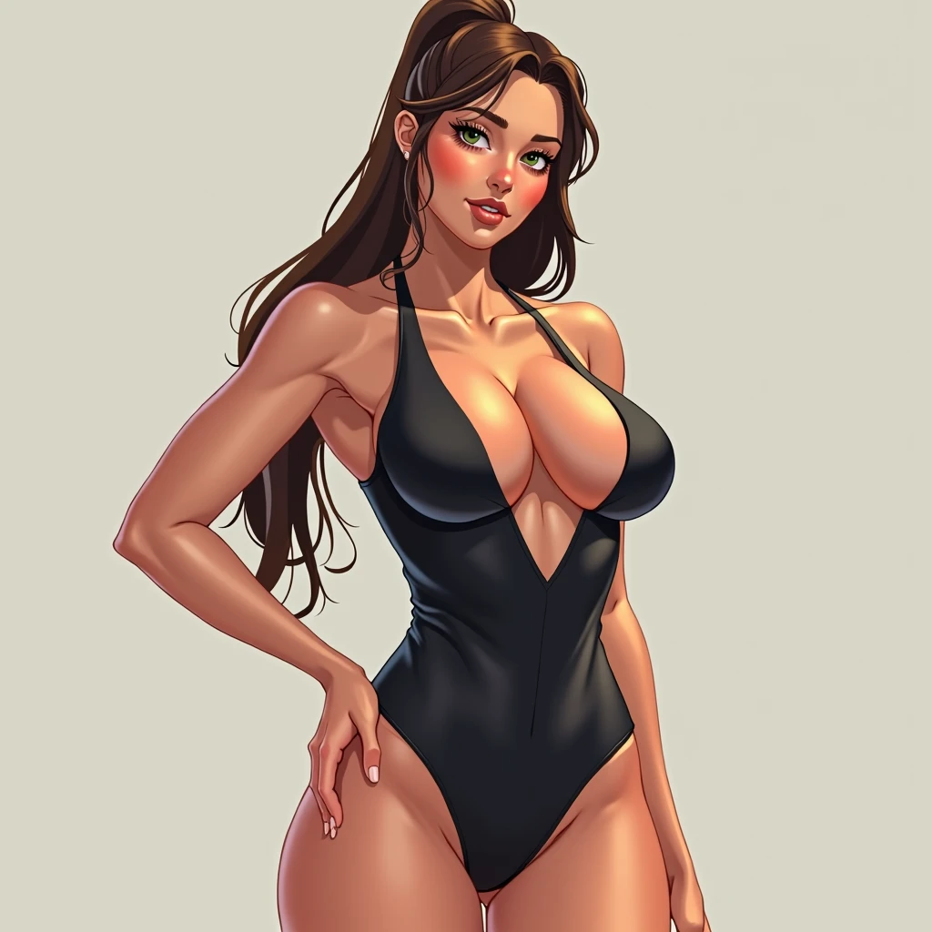 Curvy swimmer girl in extremely tight one piece swimsuit, she is got and flushed, her hair is tied back in a tight pony tail. Her hair is brown and longLooking at viewer, large breasts and cute medium sized thighs