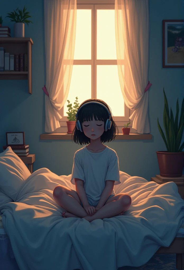 night、Girl listening to music in a cozy room, Using headphones, 2D-style animation, Lo-Fi, High resolution, Dark Environment、Makoto Shinkai style