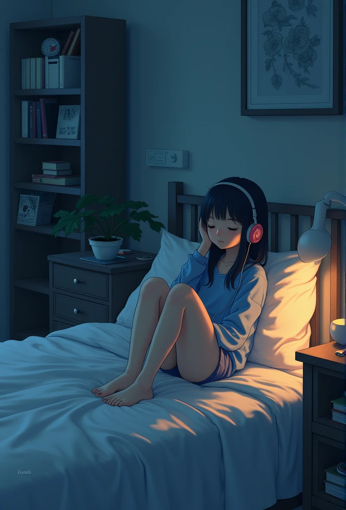 night、Girl listening to music in a cozy room, Using headphones, 2D-style animation, Lo-Fi, High resolution, Dark Environment、Makoto Shinkai style
