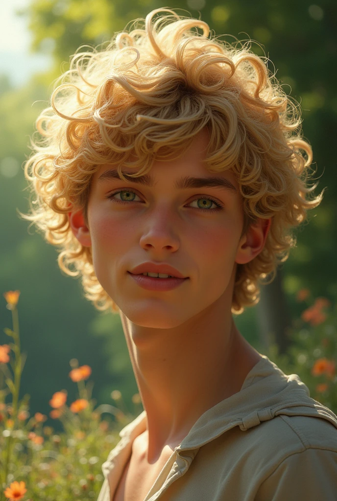 A young trans man with curly blonde hair.