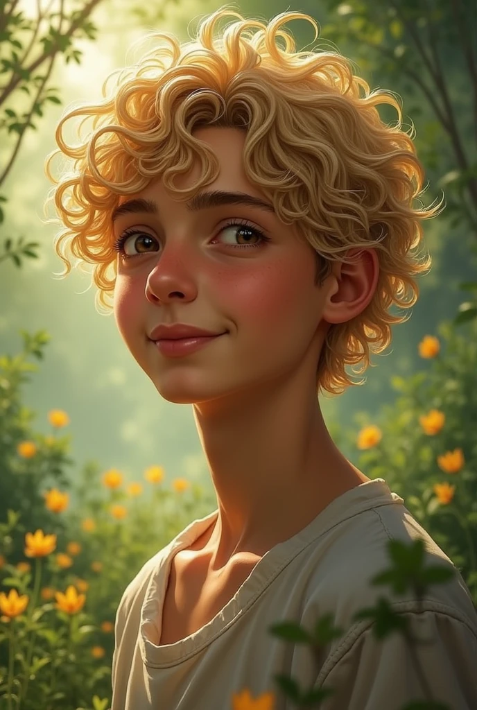 A young trans man with curly blonde hair.