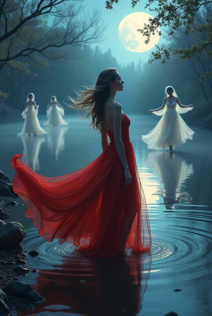 Ethereal lakeside, moonlit dance of spirits, reflecting romantic supernatural hot girl with log red dress.
