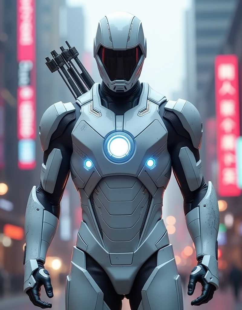 Make a real armor like that of Iron Man but worn by Hawkeye and shiny like white marble stone and shiny light comes out from that armor, a suit like that of future