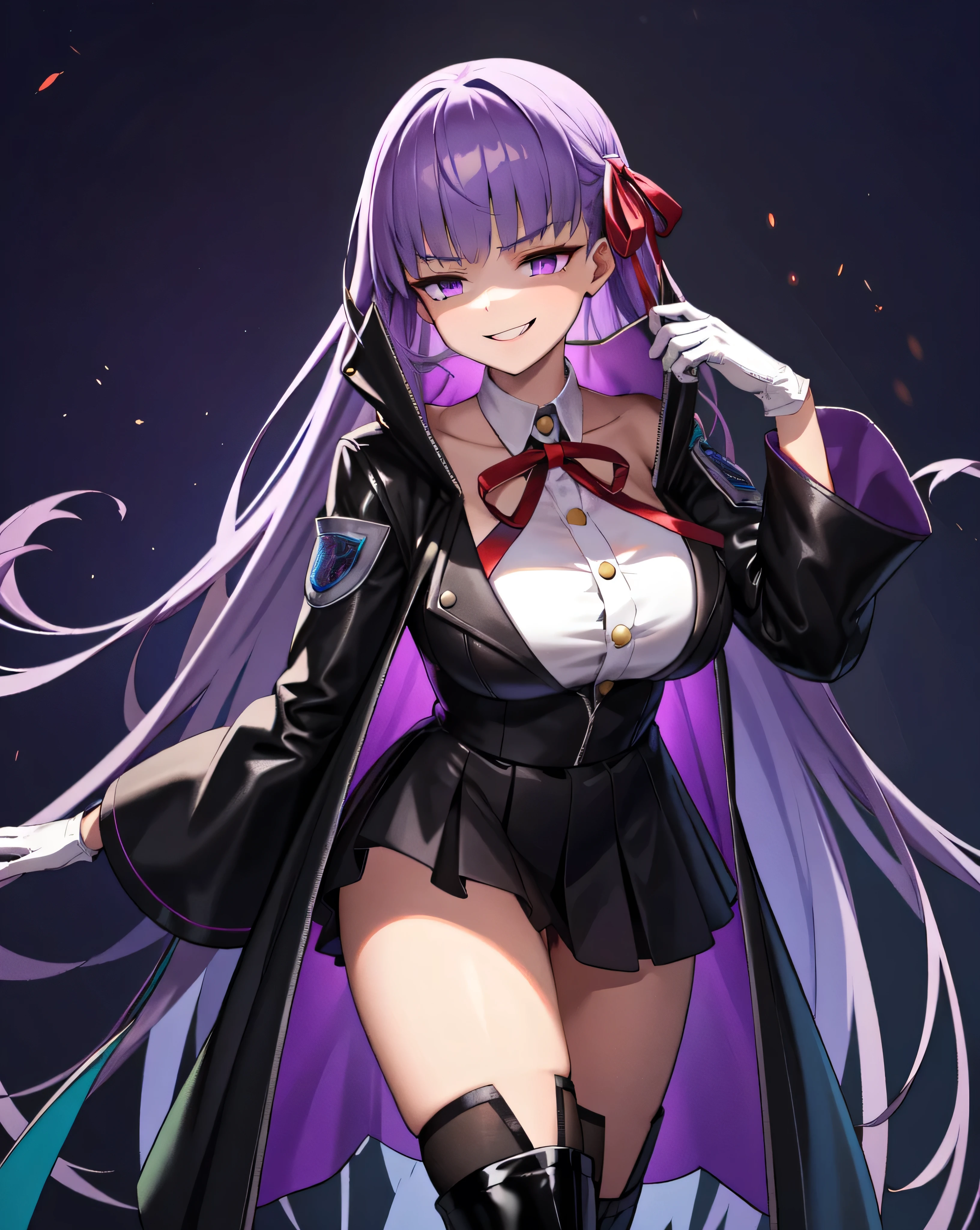 Isoscale, Mid Shot, night, ,,, Purple Hair, Black jacket, White shirt, Black Skirt, Red ribbon, Big Breasts, Purple eyes, White gloves, Long Hair, Large collar, Wicked Smile,,Thigh-high boots,(Wicked Smile:1.3),Highly detailed CG Unity 8k wallpaper, Perfect lighting,,Looking down at the viewer,,Anxious smile,Black and purple world background,Dark shadowed face(Eyes in the shadows),solo,Yandere,latex,masterpiece, Highest quality, High resolution, One person,View your viewers,look down,emit black mist from the hands,Embodiment of evil