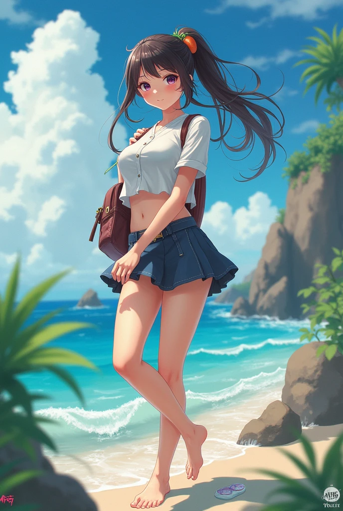 Clothes lifted up，Expose the chest
The panties were changed to light blue
The background is changed to be on the beach，There is a coconut tree behind him