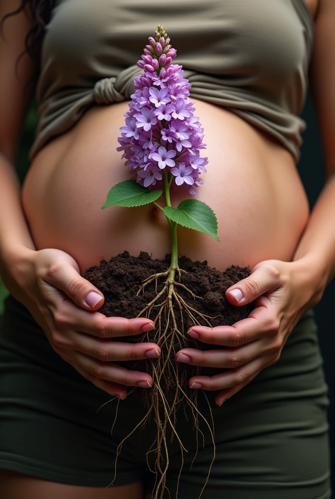 Image of a couple's hands holding a lilac flower from the ground with its roots in the belly of a pregnant woman