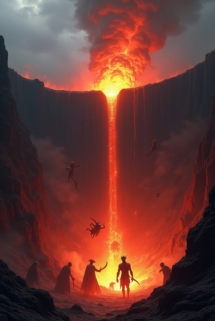 Imagine an open volcano center with several demons falling inside.
